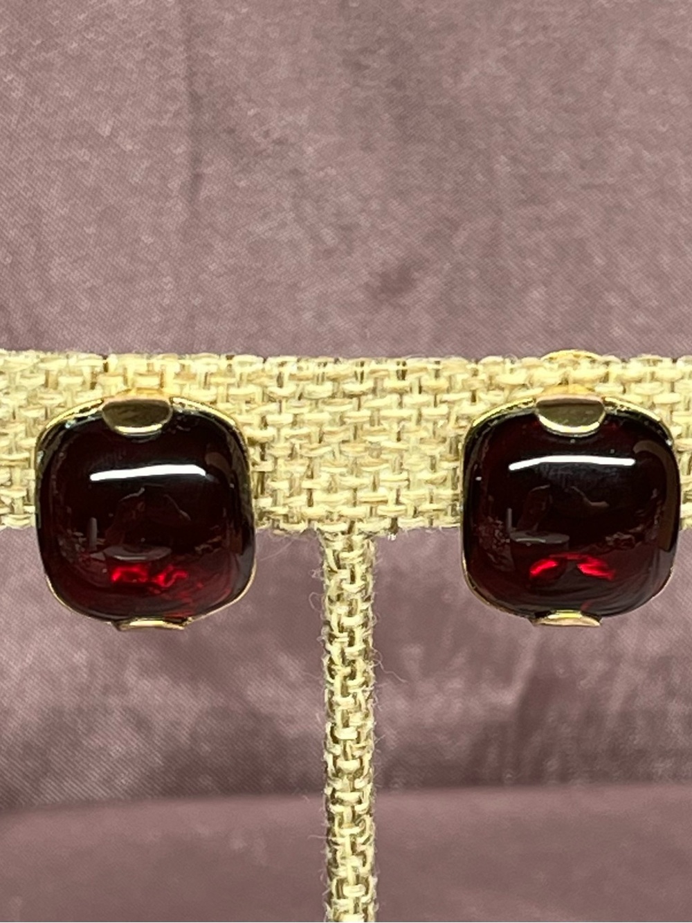 Vintage Signed Monet Gold Tone Red Lucite Clip-On Earrings Square Cabochon